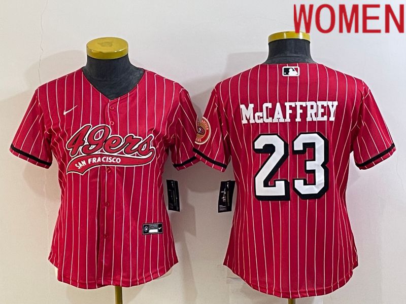 Women San Francisco 49ers 23 Mccaffrey Red Stripe Nike Co branded NFL Jerseys1